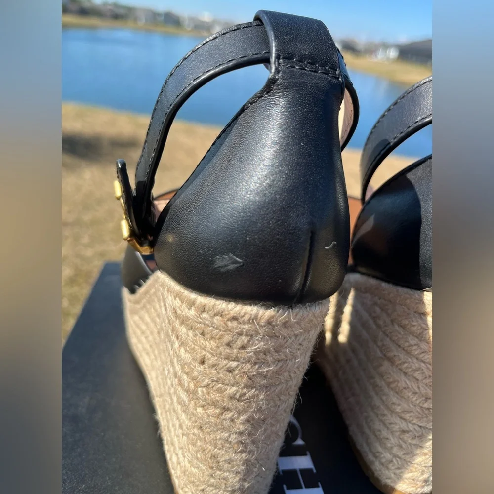 Coach Black Leather Espadrille Wedge Sandals